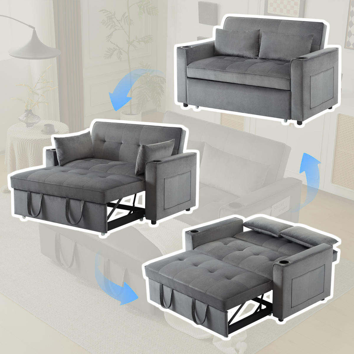 KLAPPSOFA Multifunktion mit Getränkehalter & Kissen Schlaffunktion Grau - Grau, Holz (110/25/68cm) - FLIEKS