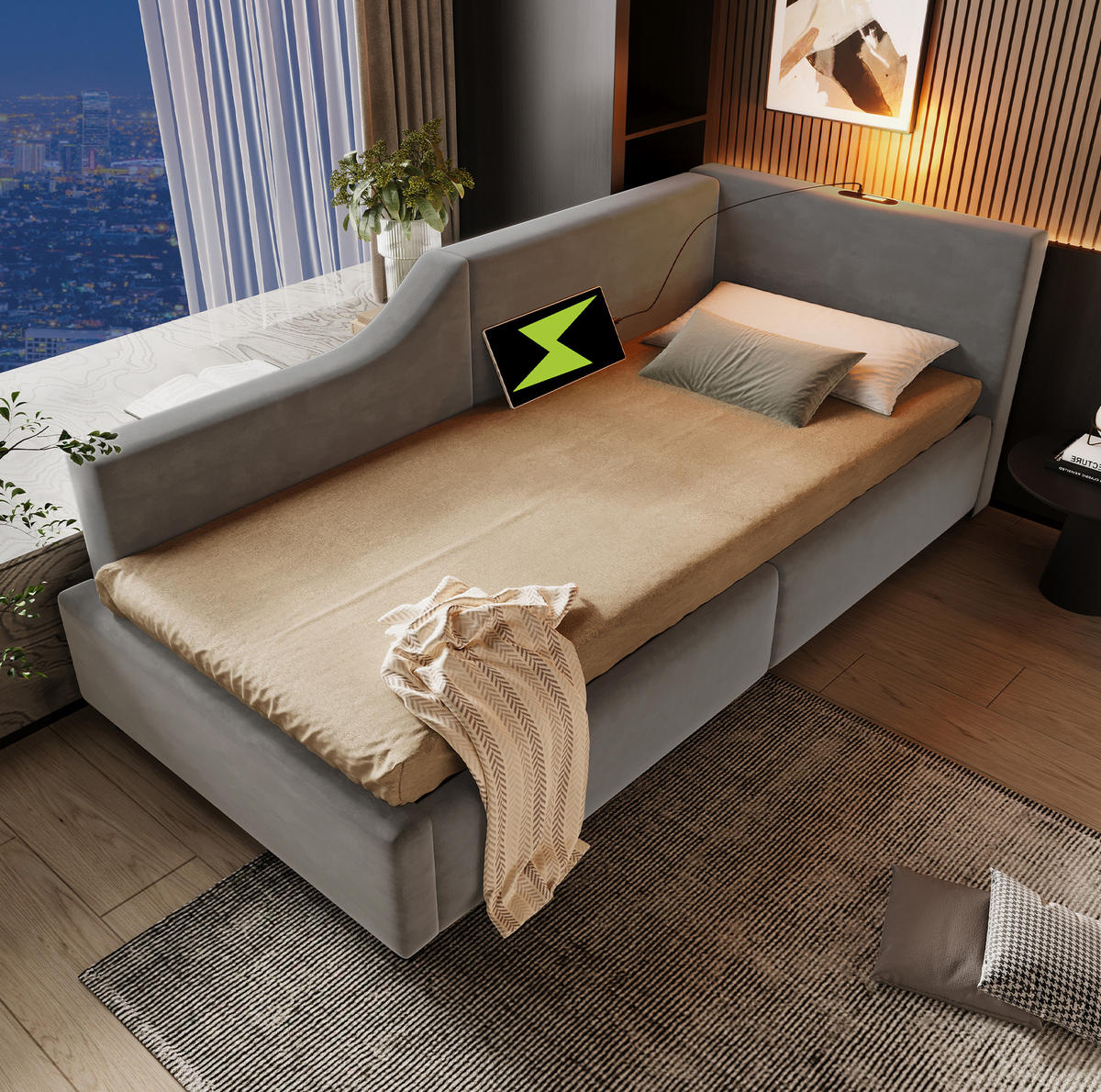 POLSTERBETT 90/190 cm aus Samt Grau mit Stauraum und USB- und Type-C-Anschlüssen - Grau, Textil (90/190cm) - Flora Grace