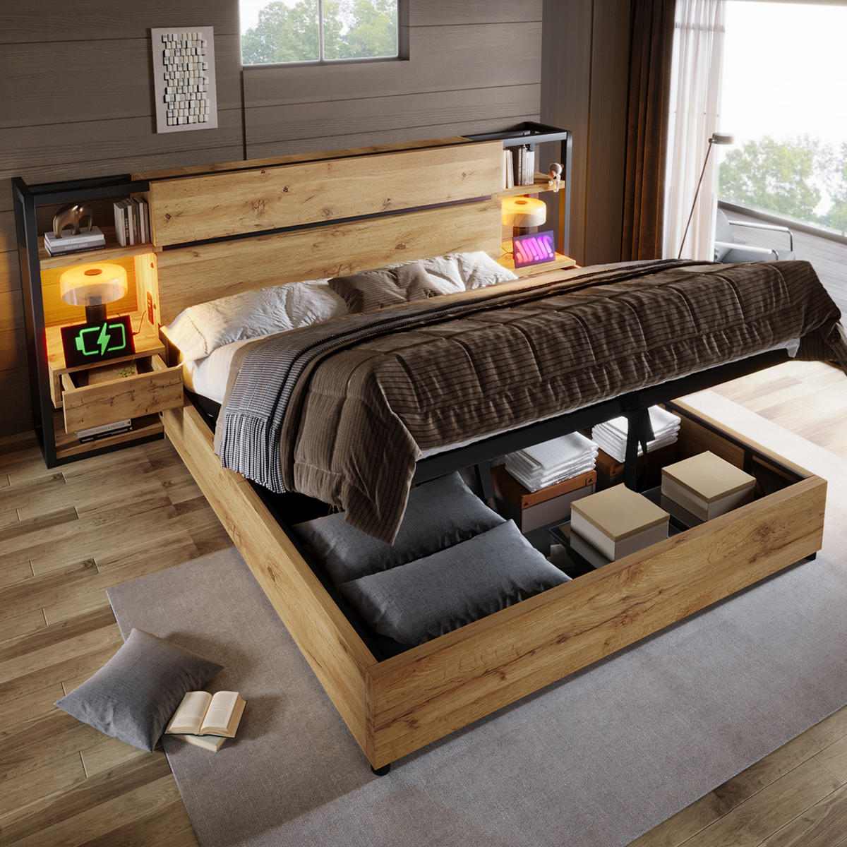 MANŽELSKÁ postel 160/200 cm dubová z MDF a kovu s úložným prostorem a USB nabíjením - barva dubu, kompozitní dřevo (160/200cm) - OKWISH