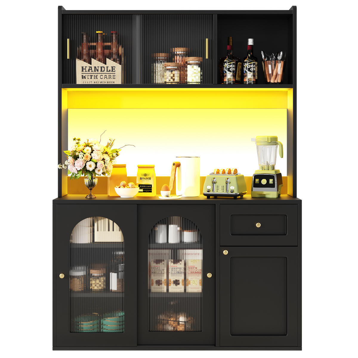 HIGHBOARD schwarz aus MDF/Spanplatte mit Glastüren und LED-App-Steuerung, 120/35/167 cm, Schwarz - Schwarz, Holzwerkstoff (35/167/120cm) - Redom