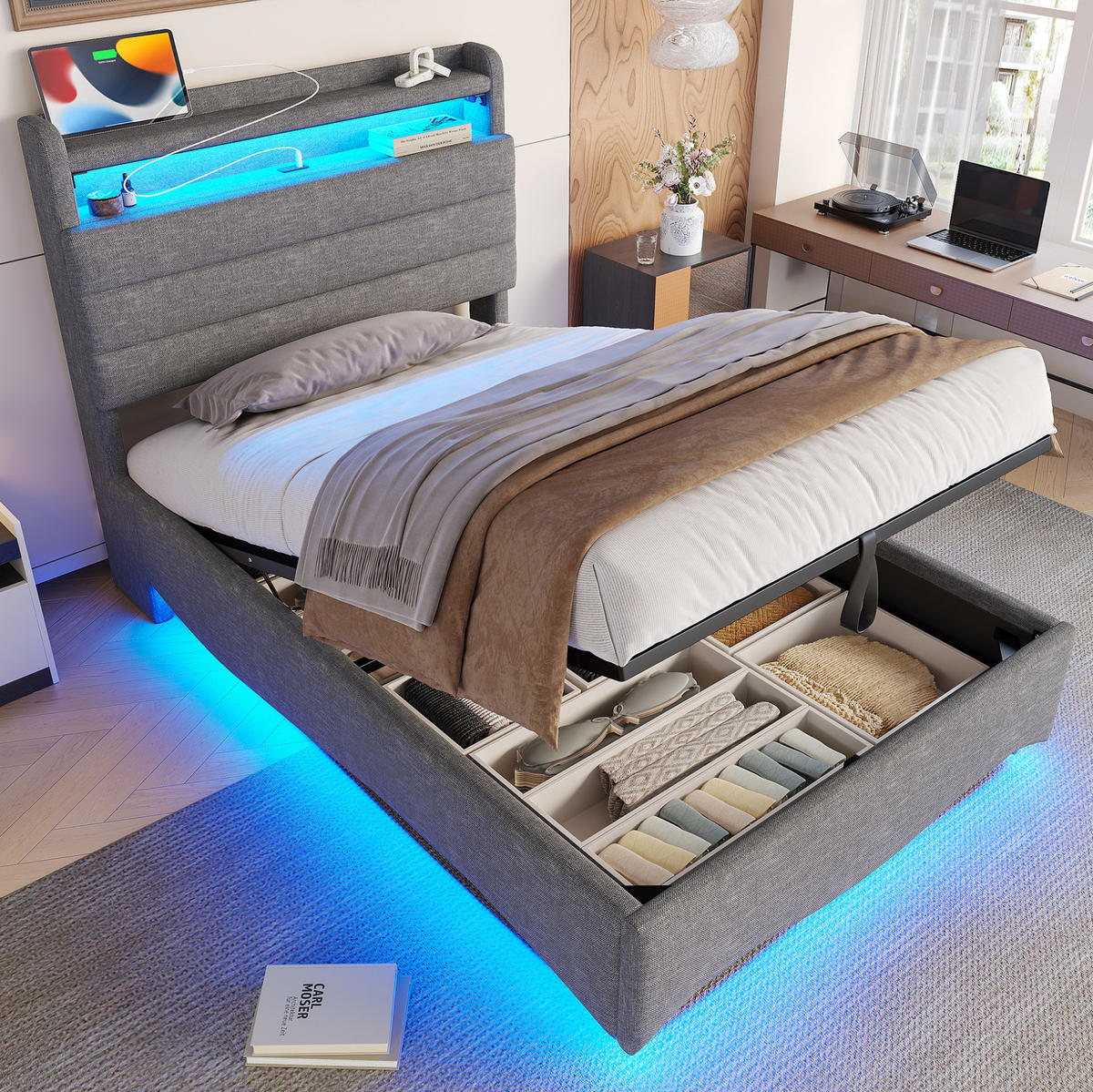 POLSTERBETT 90/200 cm Grau aus Leinen mit Stauraum, LED und USB-Anschlüssen - Grau, Textil (90/200cm) - Flora Grace