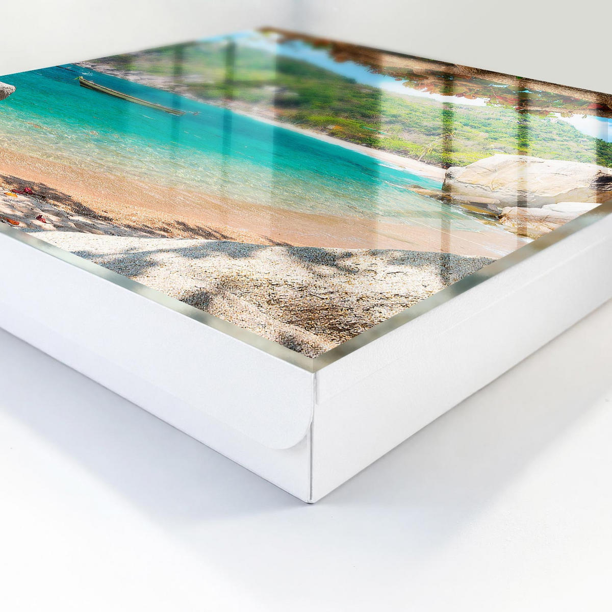 SCHLÜSSELBOX Weiß 30x30 cm – Türöffnung nach rechts - Ein paradiesischer Ausblick - Türkis, Metall (30/30/5cm) - TULUP