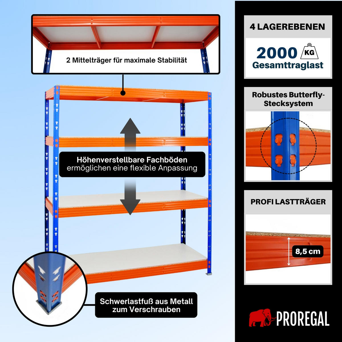 SCHWERLASTREGAL Rhino 180x160x60 cm 4 Melamin-Ebenen 16mm Fachlast 500 kg Blau/Orange - Blau/Orange, Metall (160/180/60cm) - PROREGAL