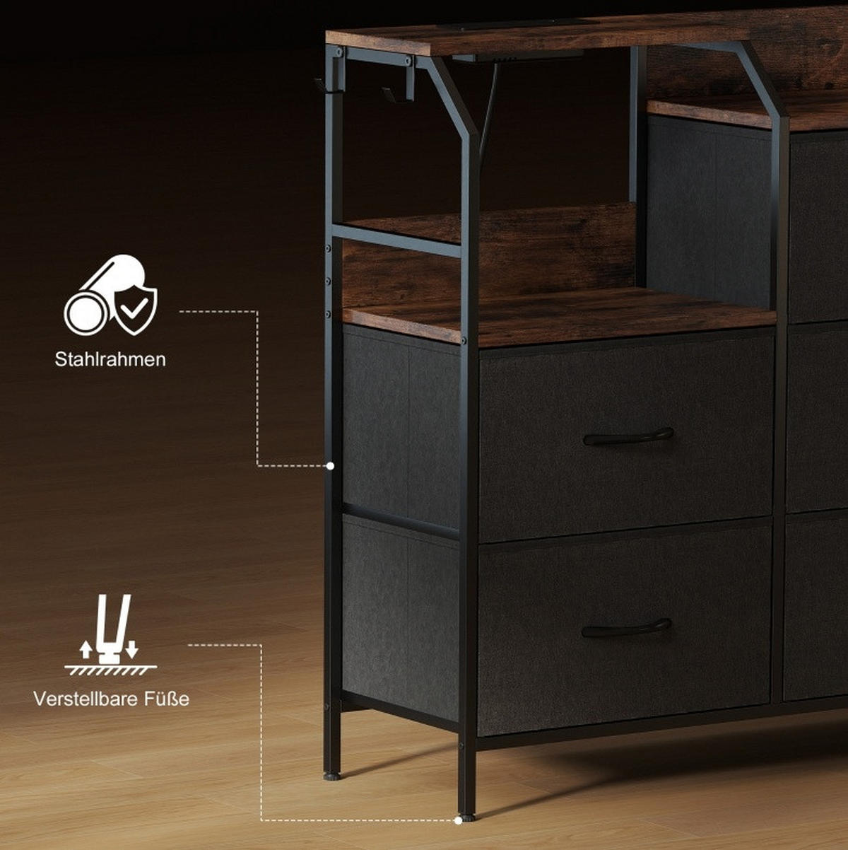KOMMODE 130,5/30/88 cm mit 8 Schubladen und Ladestation – Industrial-Look in Braun/Schwarz - Schwarz, Textil (130.5/88/30cm) - BEAOK