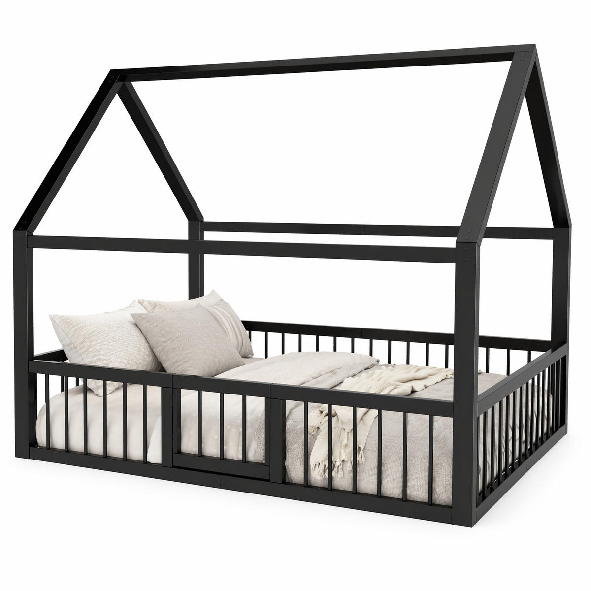 KINDERBETT 140/200 mit Hauszierleisten und Sicherheitsgeländer in Schwarz - Schwarz, Metall (140/200cm) - EVRYAE