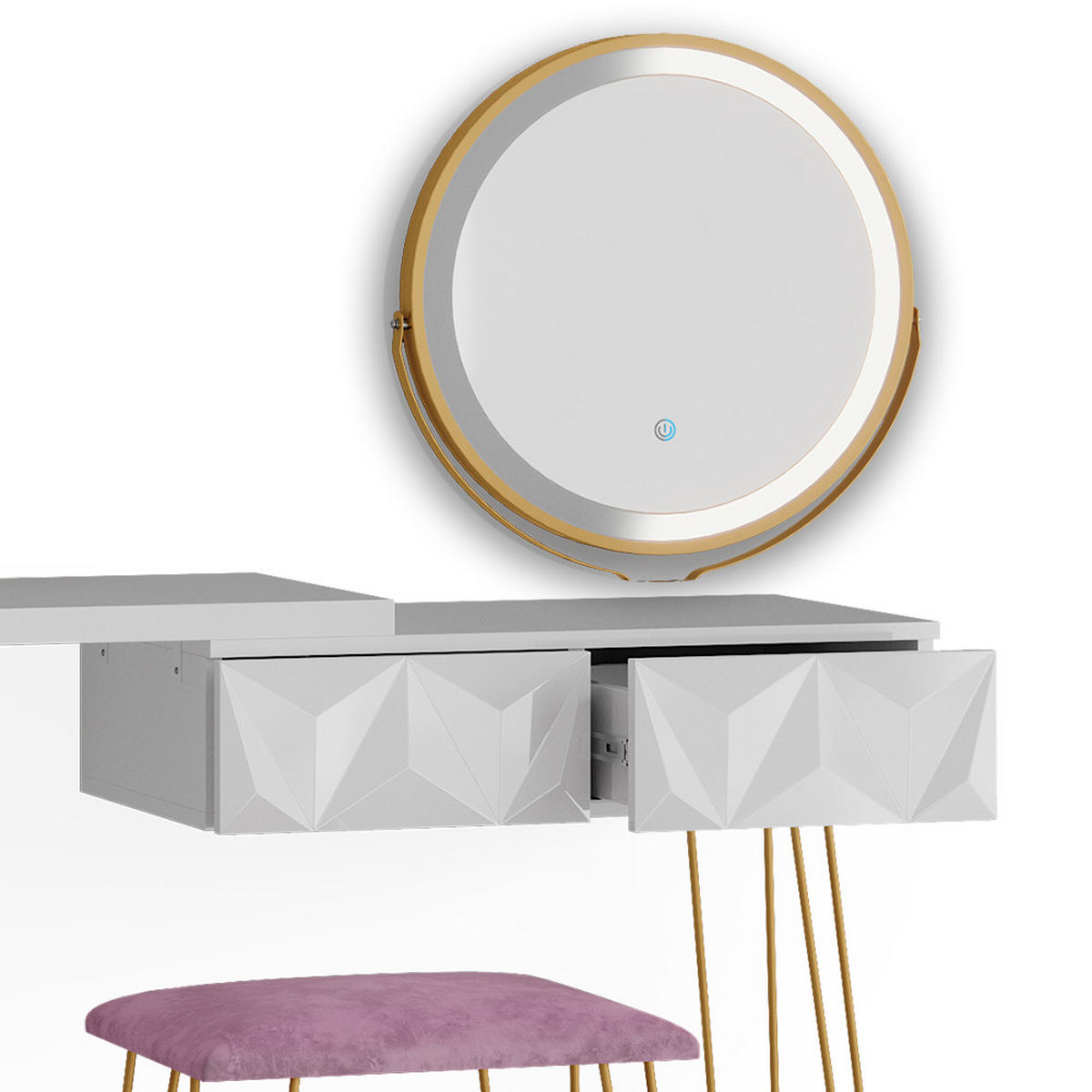 SCHMINKTISCH Bella Weiß 120 cm mit LED Beleuchtung und Hocker - Weiß, Holzwerkstoff (120/76/37cm) - Vicco