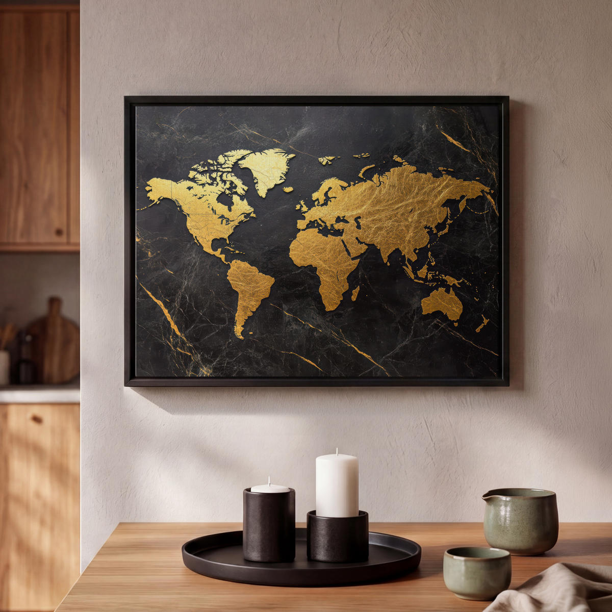 LEINWAND Bilder mit Rahmen - Weltkarte - Gold - Marmor - 40x30 - Goldfarben, Textil (40/30cm) - MuchoWow