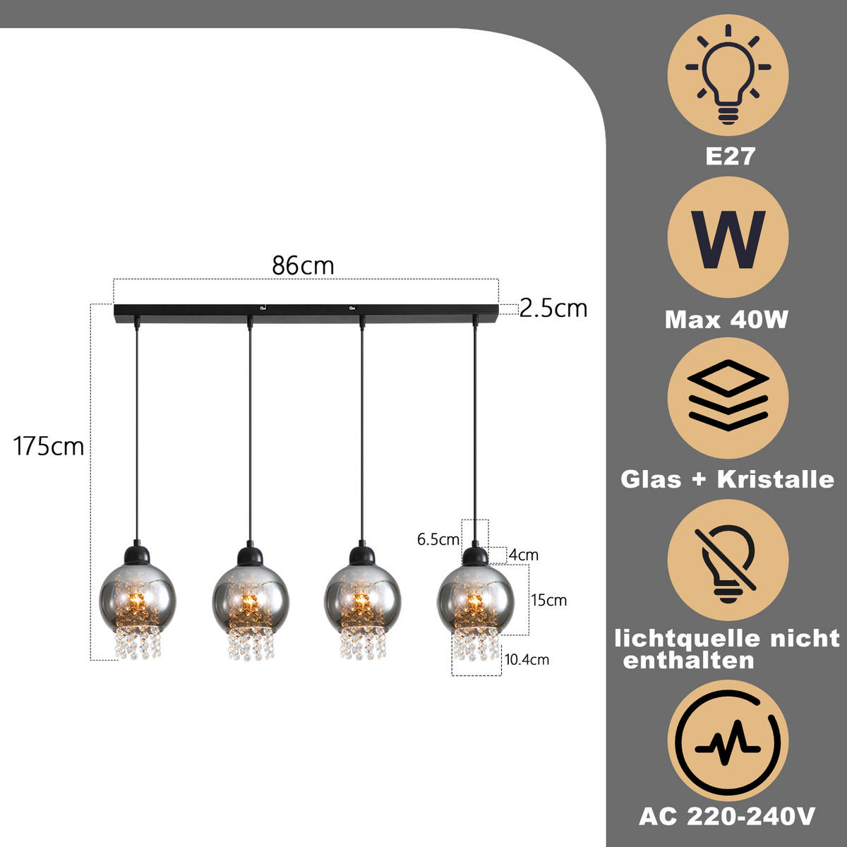 HÄNGELEUCHTE Marson 86/5/175 cm - Schwarz, Metall (5/86/175cm) - Nettlife