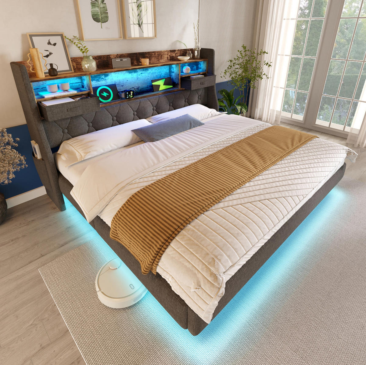 POLSTERBETT 160/200 cm mit LED-Beleuchtung, USB- und Type-C-Anschluss, Stauraum-Kopfteil aus Leinen, Grau - Grau, Textil (160/200cm) - Redom