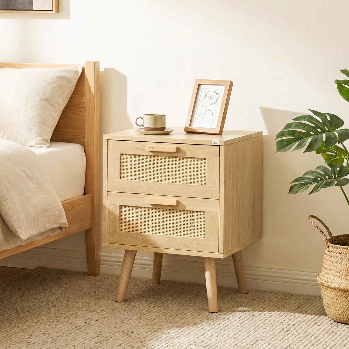 NACHTSCHRANK 2er-Set DE-12815 2 Schubladen mit Rattan Naturholz - Naturfarben, Holzwerkstoff (40/56/40cm) - ComfortXL