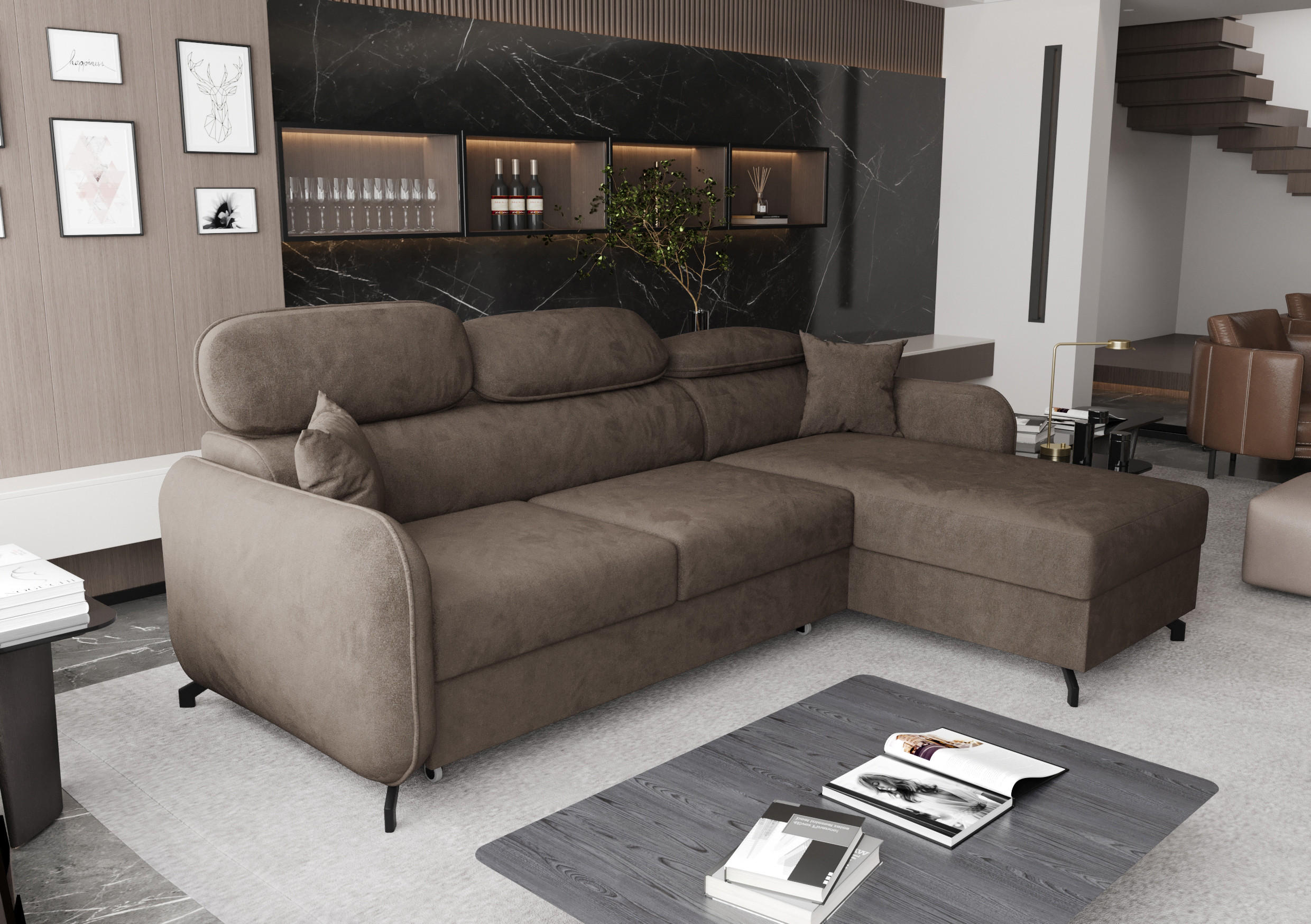 ECKSOFA L Form Ribella 5 Braun 265/180/100 cm Rechts mit Schlaffunktion - Schwarz/Bronzefarben, Textil/Metall (265/180cm) - AX Living