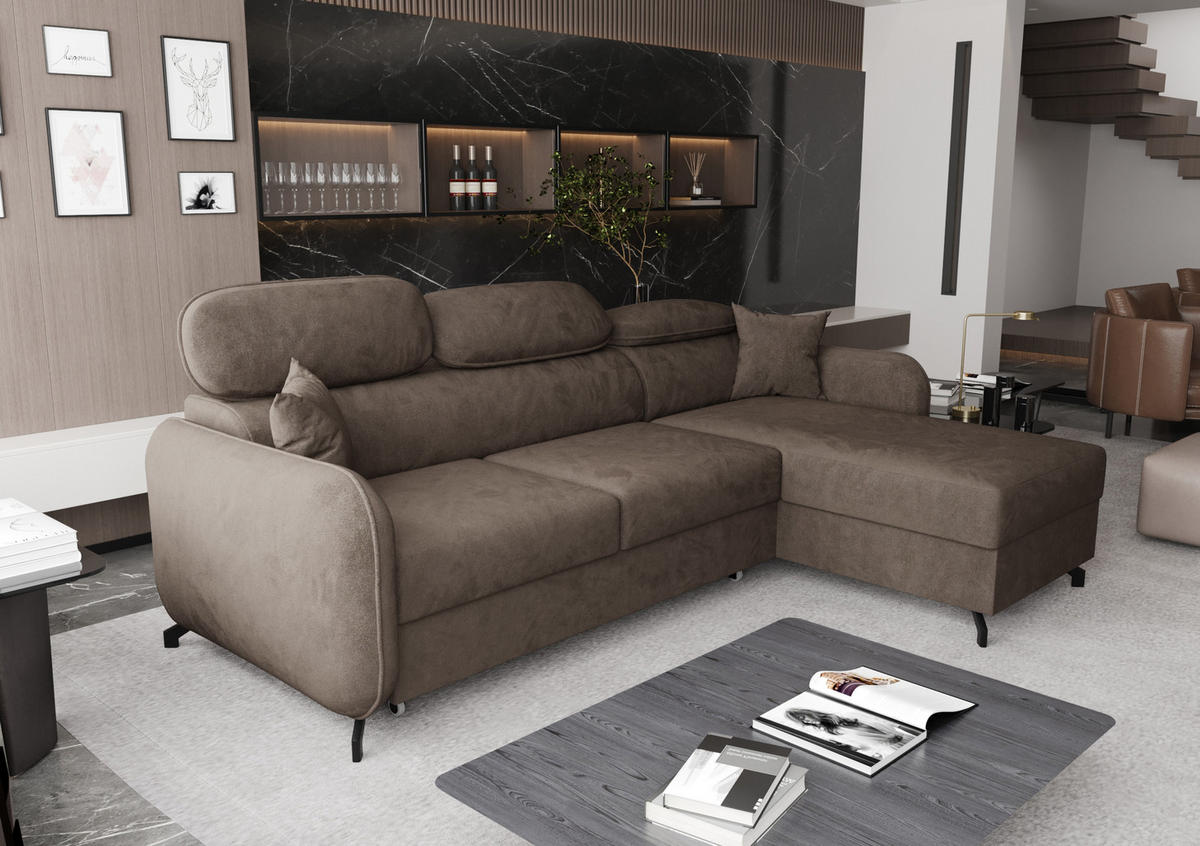 ECKSOFA L Form Ribella 5 Braun 265/180/100 cm Rechts mit Schlaffunktion - Schwarz/Bronzefarben, Textil/Metall (265/180cm) - AX Living