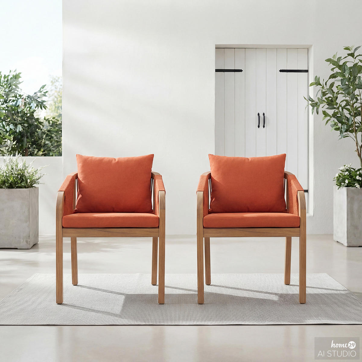 GARTENSTUHL - 2er-Set - Akazie massiv / Webstoff - Terracotta, Holz/Textil (58/77/62cm) - home24
