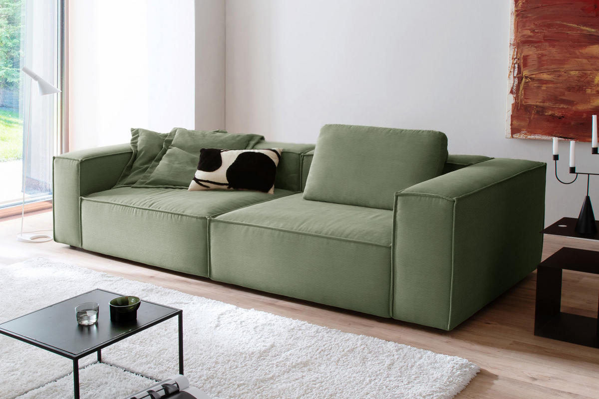 SOFA CARMO Grün Cord - Schwarz/Olivgrün, Kunststoff/Textil (306/68/118cm) - KAWOLA
