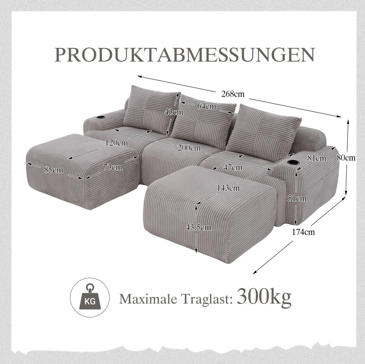 3-SITZER Wohnlandschaft Cord mit 2 Hockern und Getränkehalter 268/174/80 cm Hellgrau - Hellgrau, Textil (174/80/268cm) - Redom