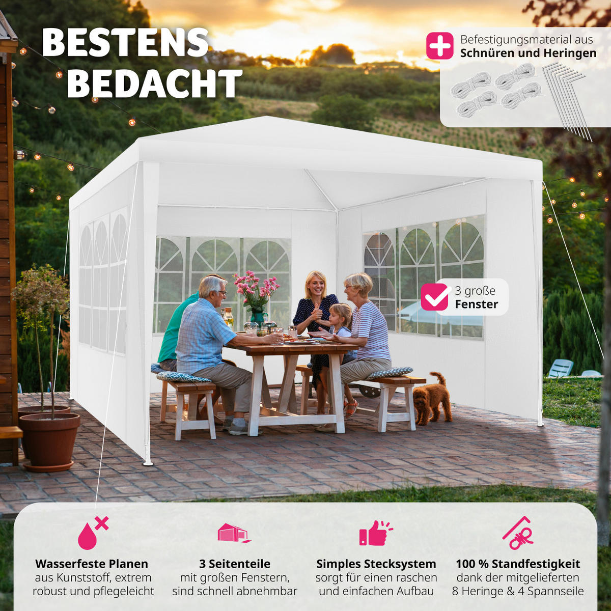 PAVILLON Baraban,inklusive Spannseile und Heringe,weiß - Weiß, Kunststoff (300/250/300cm) - tectake
