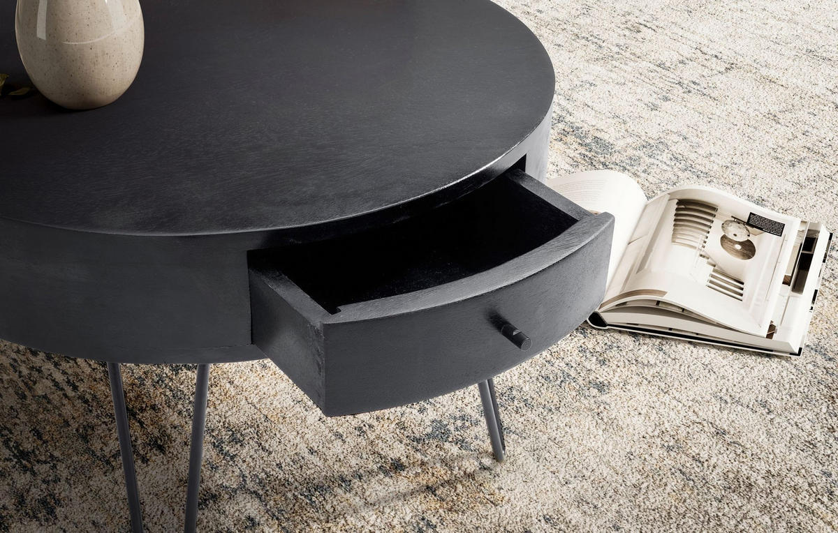 COUCHTISCH Rund Mango Massivholz Metall, 60x60x43 cm, mit Schublade, Stauraum und Haarnadelbeinen - Schwarz, Holz/Metall (60/60/43cm) - KADIMA DESIGN