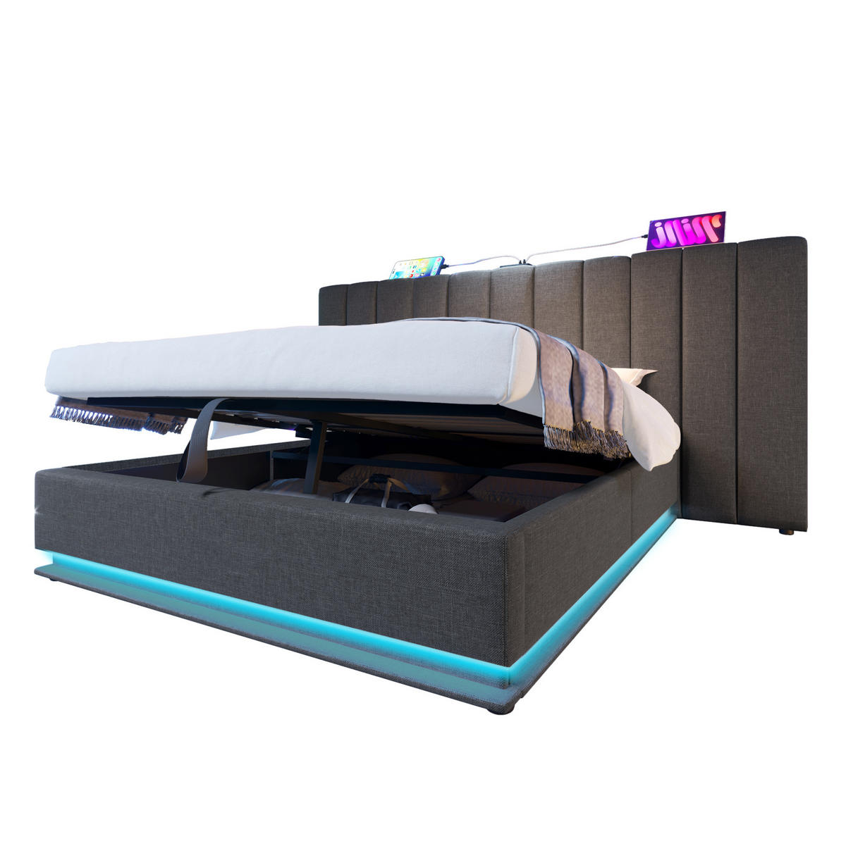 POLNJENA postelja iz lanu, kovine in masivnega lesa 180x200 cm siva z LED osvetlitvijo, USB-C polnjenjem in hidravličnim predalom - siva, tekstil (180/200cm) - Modfu