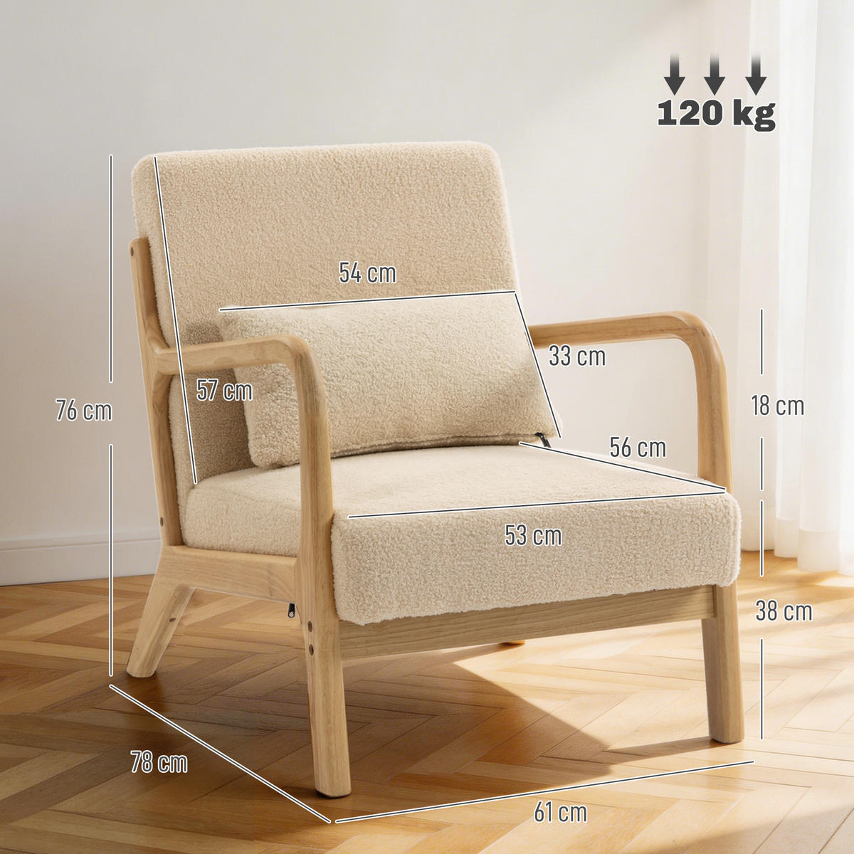 ARMLEHNSTUHL DE-13332 3 Kissen & tiefe Sitzfläche Beige - Beige, Holz (78/76/61cm) - ComfortXL