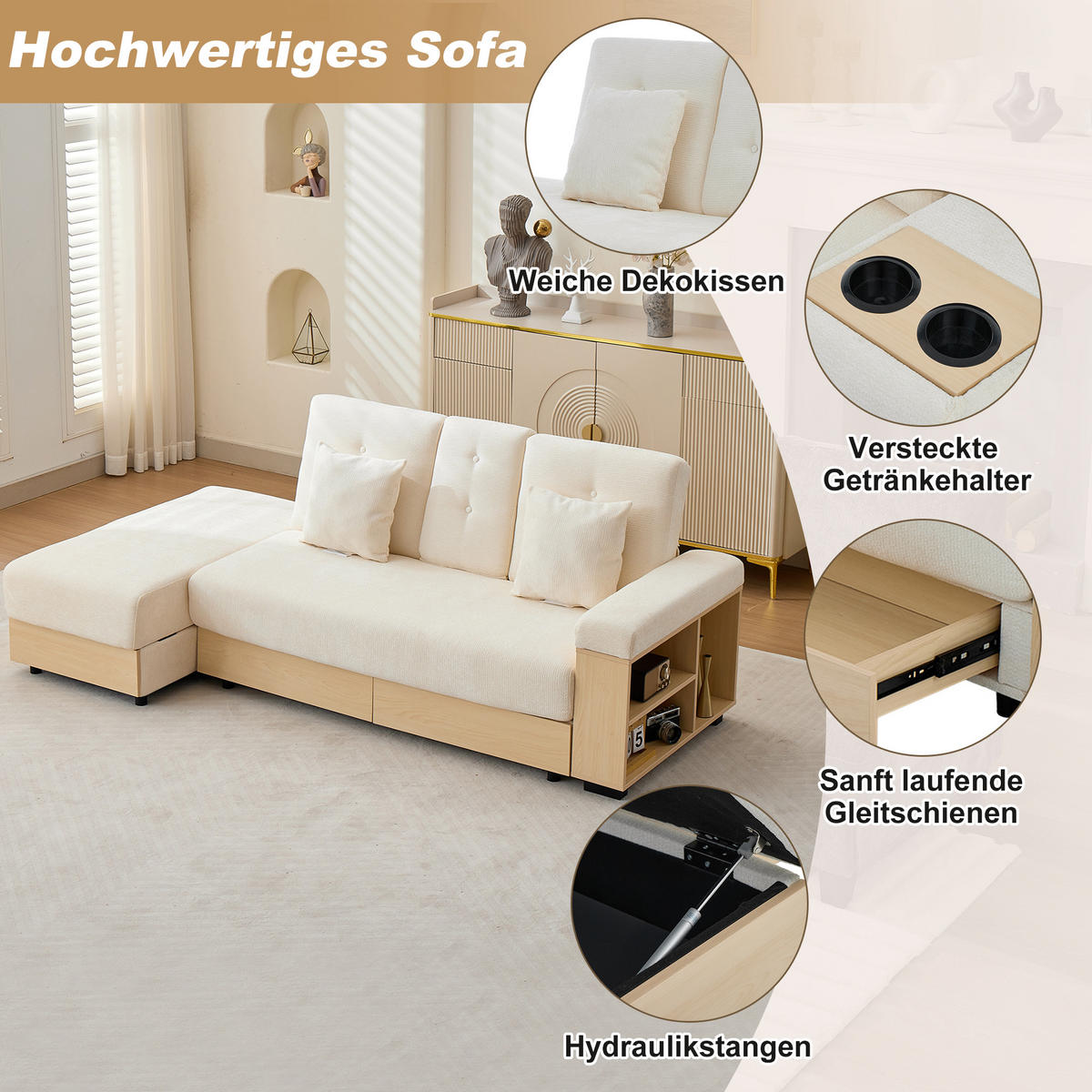 SCHLAFSOFA Beige mit Chenille-Bezug, dreistufig verstellbarer Rückenlehne und vielfältigem Stauraum 217 × 110 × 90 cm - Beige, Textil (217/90/110cm) - Luhomfu