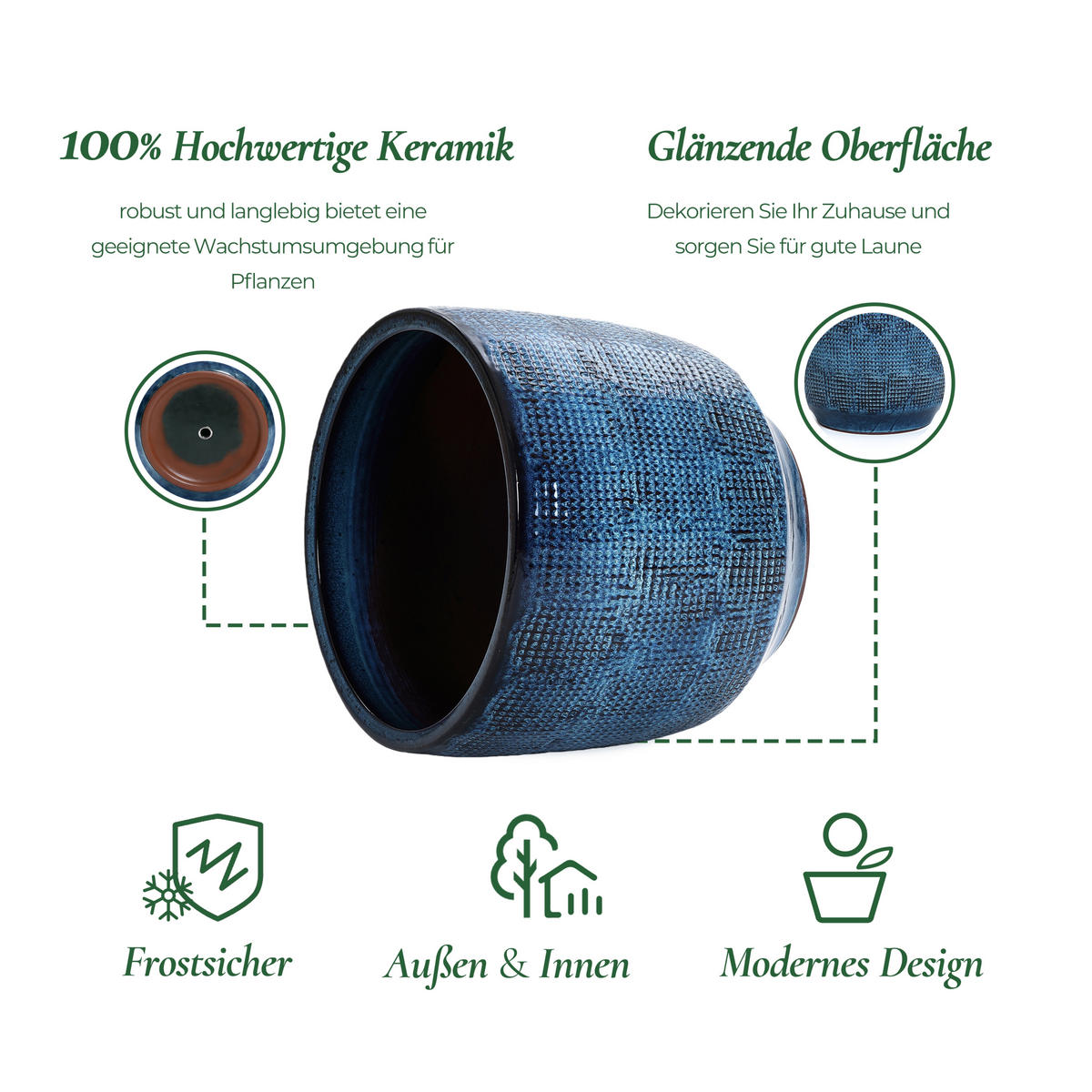 KERAMIK Blumentopf Groß, Round Übertöpfe Blau Ø30xH28 cm - Blau, Keramik (28cm) - Hometopia