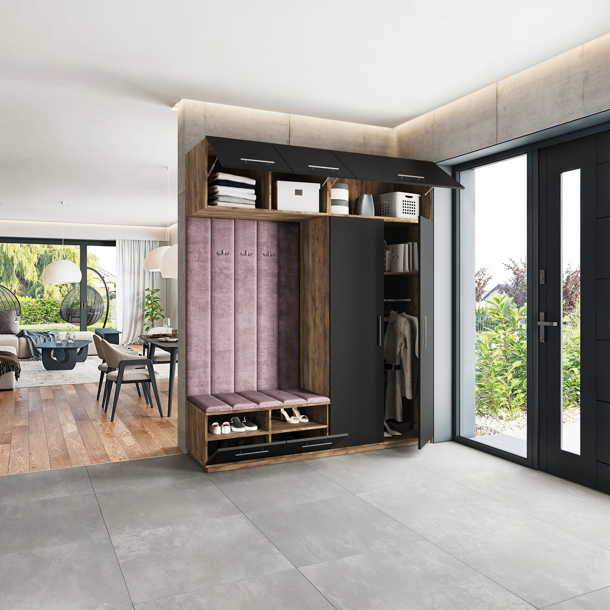 GARDEROBENSCHRANK REMA 200/240/60 cm Modern Garderobe-Set Eiche Lefkas - Eichefarben/Lila, Holzwerkstoff (200/240/60cm) - MASSENO