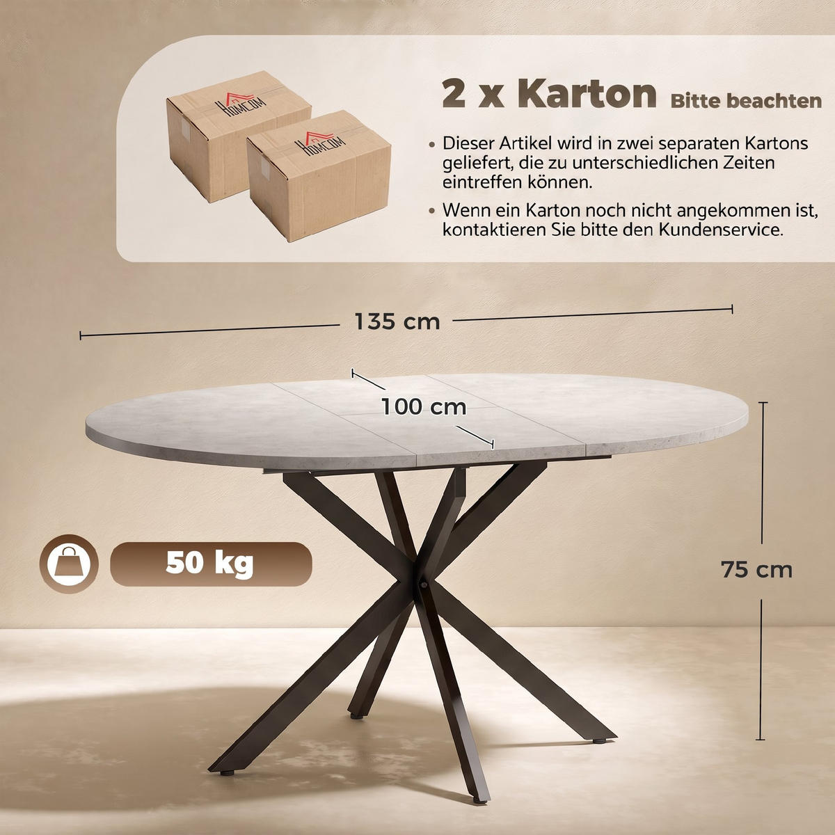 ESSTISCH Grau ausziehbar 135/100/75 cm - Grau, Metall (135/100/75cm) - PANGIVO