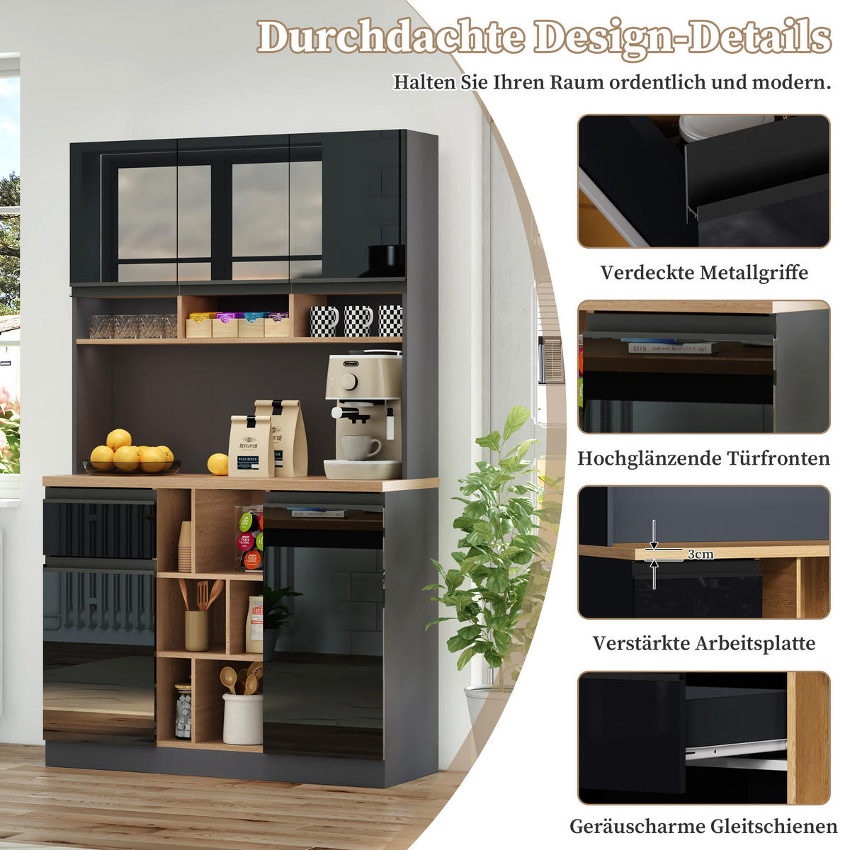 BUFFET aus MDF 105x45x185 cm Anthrazit/Schwarz/Natur mit verstellbaren Einlegeböden, Schublade und Kippschutz - Schwarz, Holzwerkstoff (105/185/45cm) - Modfu