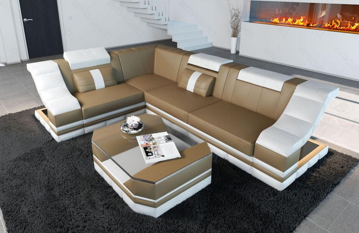 COUCH Bianchi Sandbeige Weiß Büffelleder - Sandfarben, Leder (271/196cm)