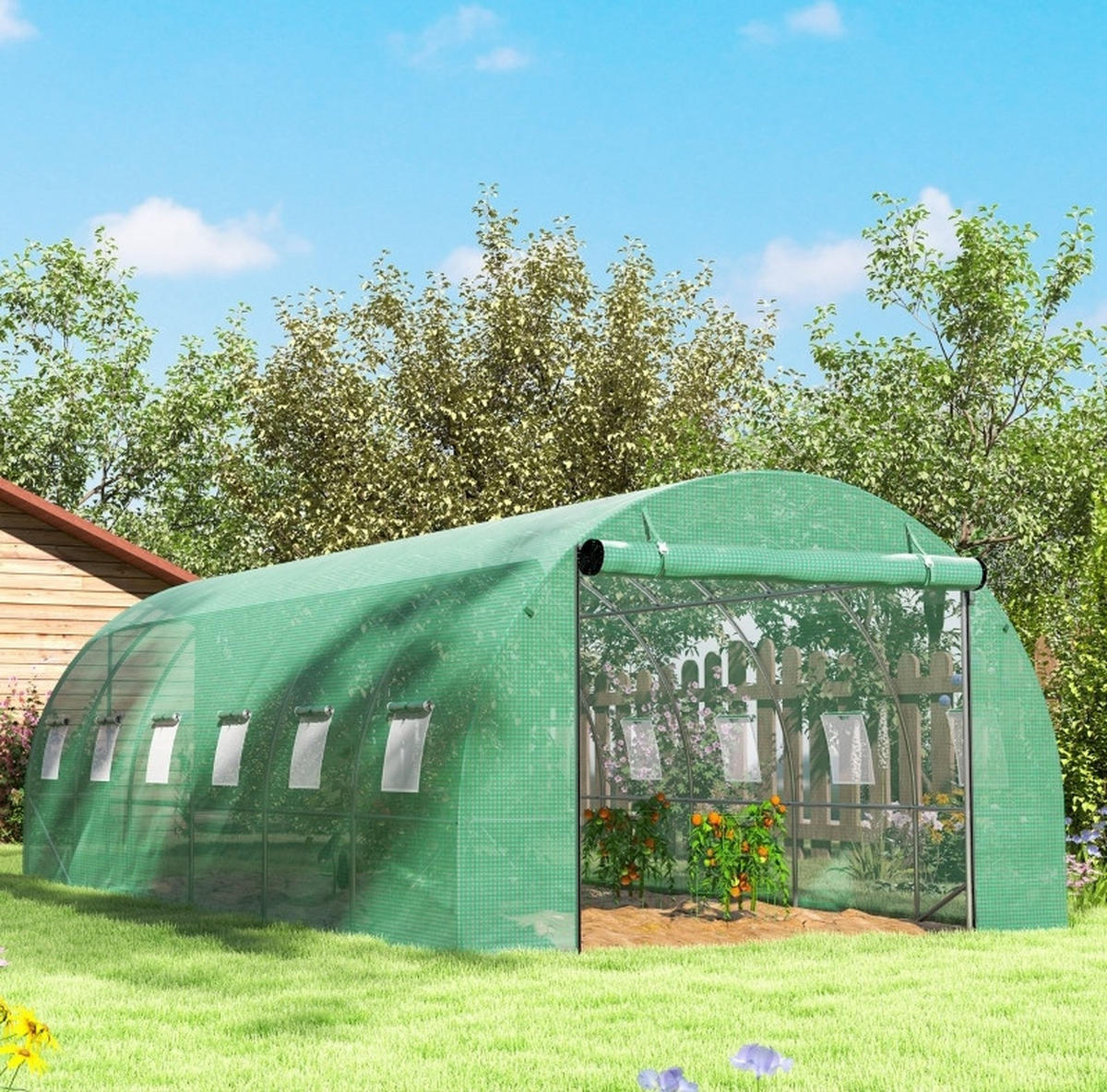 GEWÄCHSHAUS 600/300/197 cm Grün aus Kunststoff mit aufrollbaren Türen - Grün, Kunststoff (300/197/600cm) - OKMYHOME