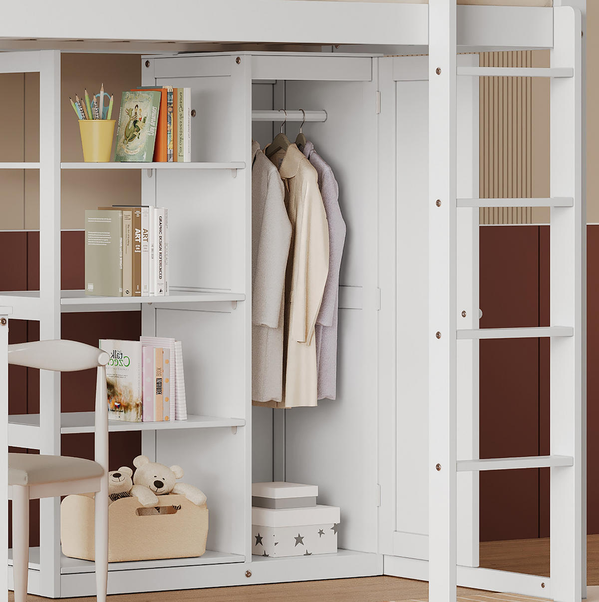 ETAGENBETT mit Tisch und Kleiderschrank, Weiß, 90/200 cm - Weiß, Holz (90/200cm) - MIVRAY