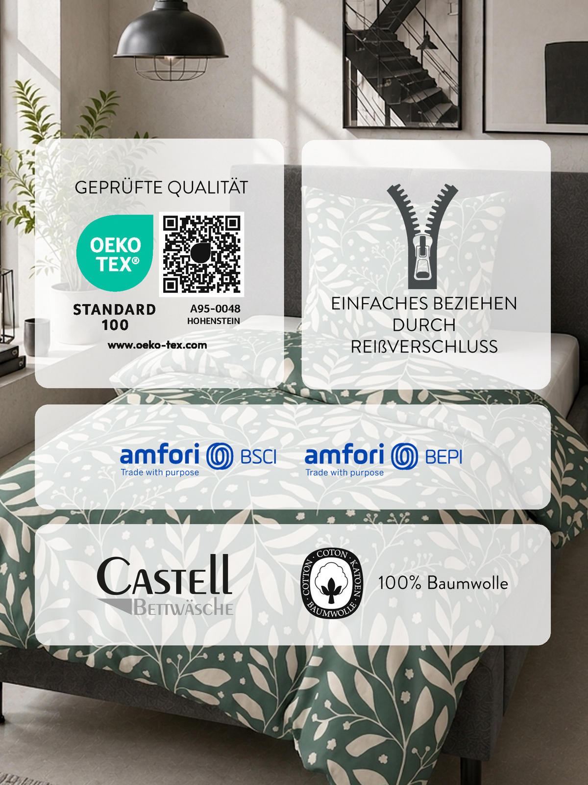 BETTWÄSCHE-GARNITUR Jersey Blätter schilf, 135x200 cm + 80x80 cm - Grün, Textil (135/200cm) - Castell