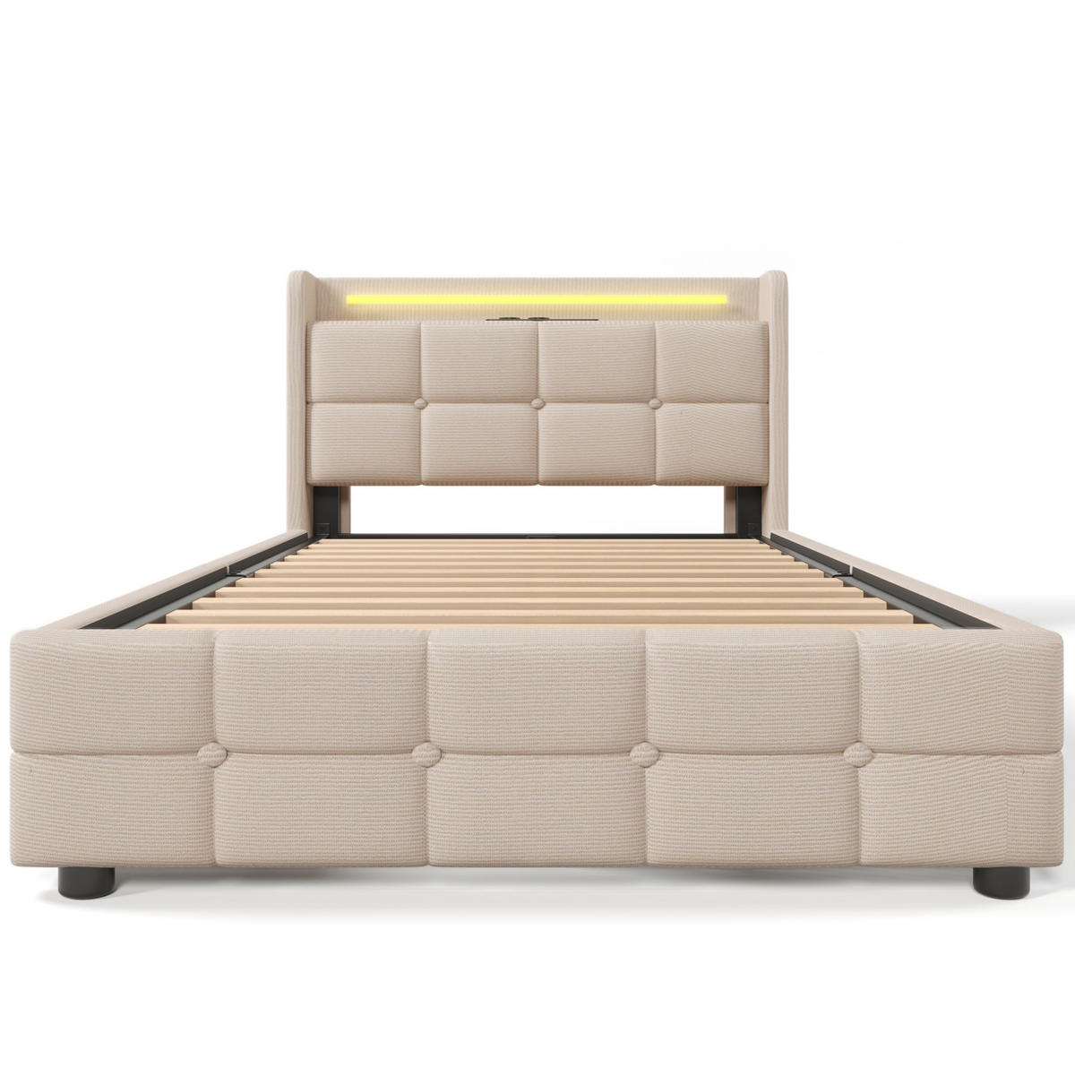 POLSTERBETT 90/200 cm mit USB, Steckdosen, LED-Beleuchtung, 2 Schubladen und Leinenbezug, Beige - Beige, Holz (90/90cm) - Redom