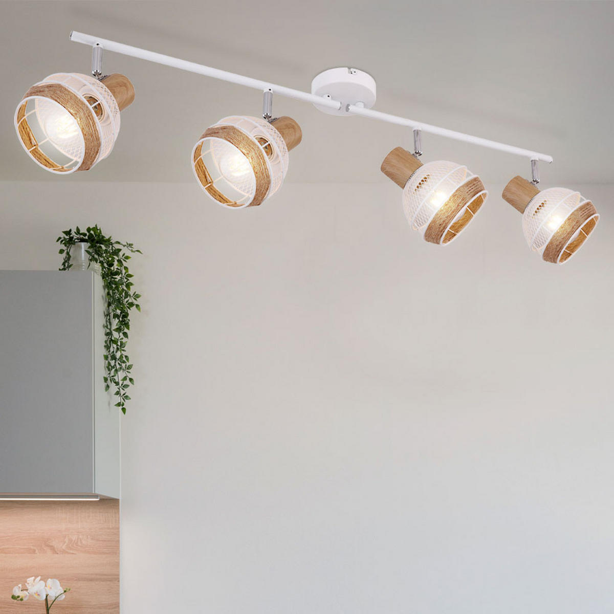 LED DECKENLEUCHTE Hanfseil Weiß Holzoptik - Weiß, Naturmaterialien (80/17.5/18.4cm)