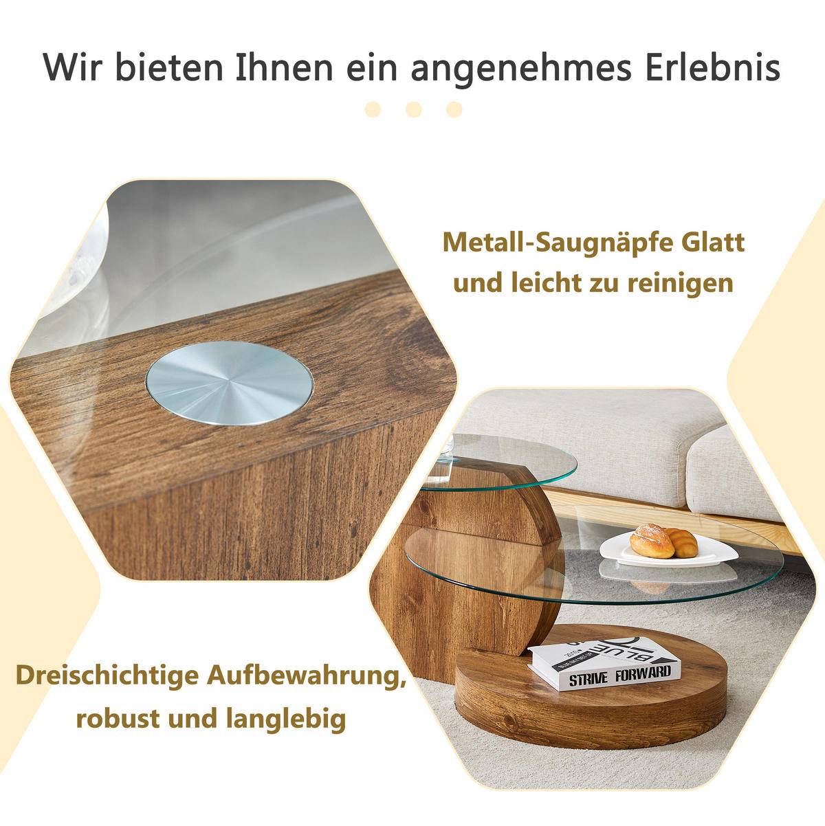 COUCHTISCH aus MDF und Glas 89x89x43 cm Transparent/Holz mit mehrstufigen Ablageflächen - Naturfarben, Glas (89.9/89.9/43.2cm) - IVMEU