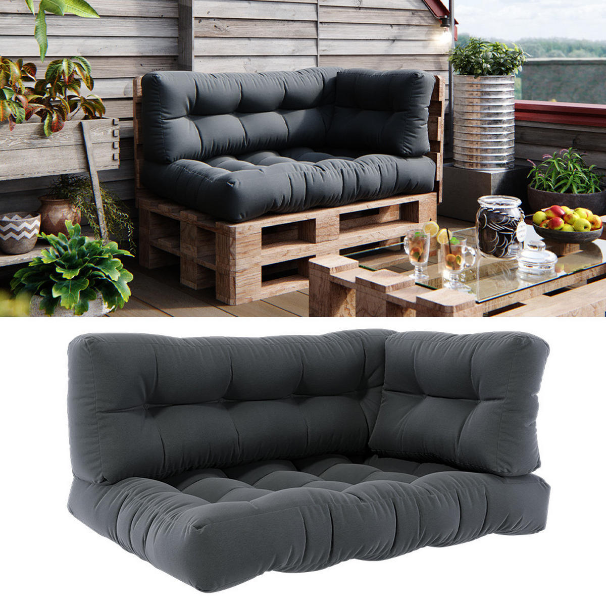 PALETTENKISSEN SET Flocken Anthrazit 120 x 80 cm 3 Teile - Anthrazit, Textil (120/80/15cm) - Vicco