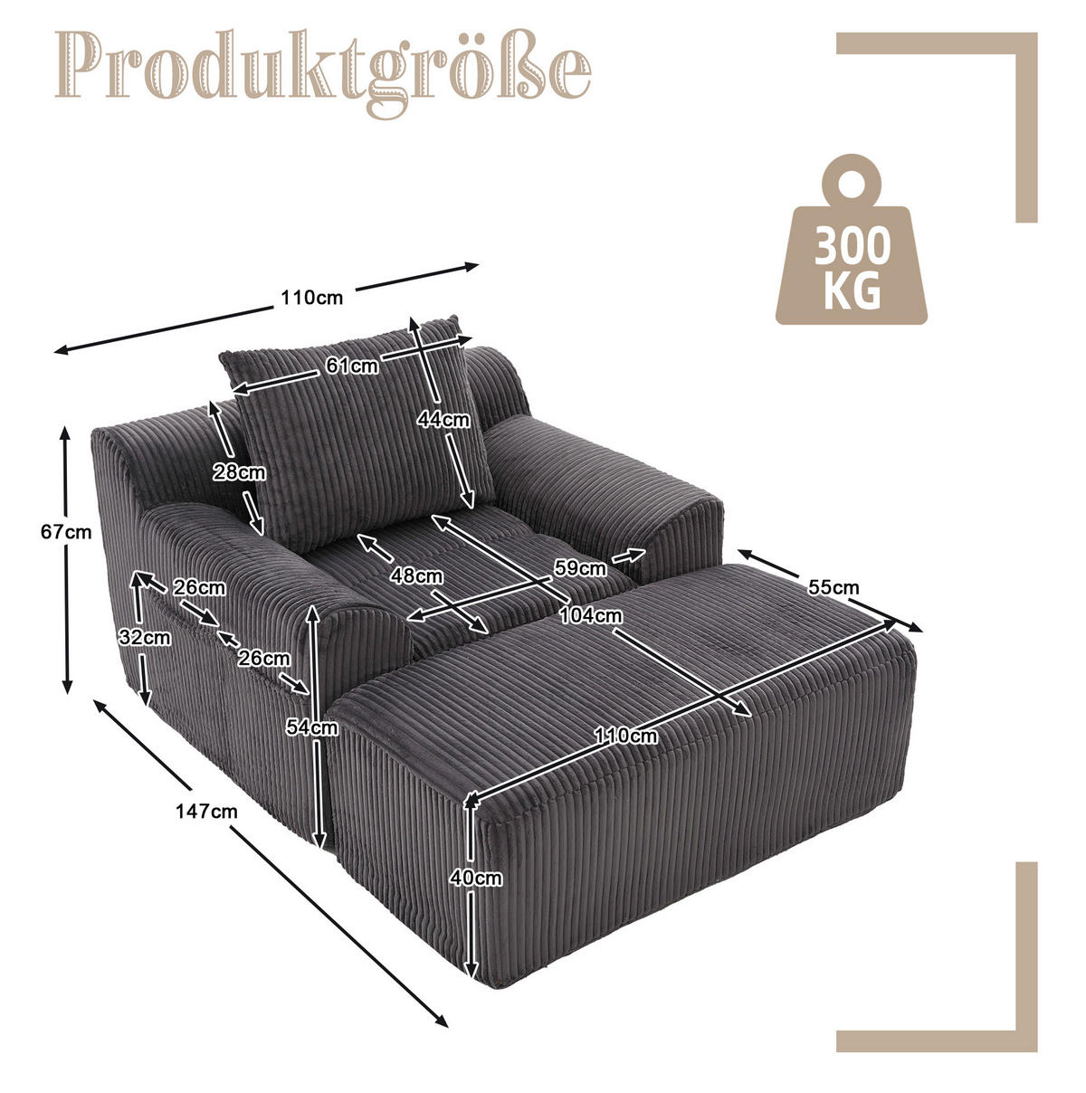 SOFASESSEL mit Fußpedal Kordsamt Dunkelgrau 147/110/67 cm - Dunkelgrau, Textil (147/67/110cm) - OKWISH