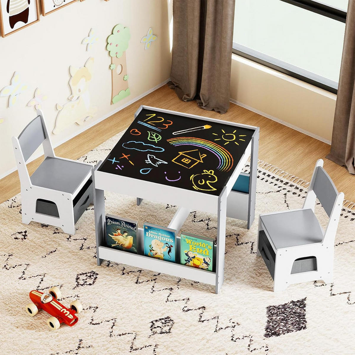 KINDERTISCH mit Stuhl hellgrau(3-tlg) - Hellgrau, Holzwerkstoff (62/56.5/62cm) - COSTWAY