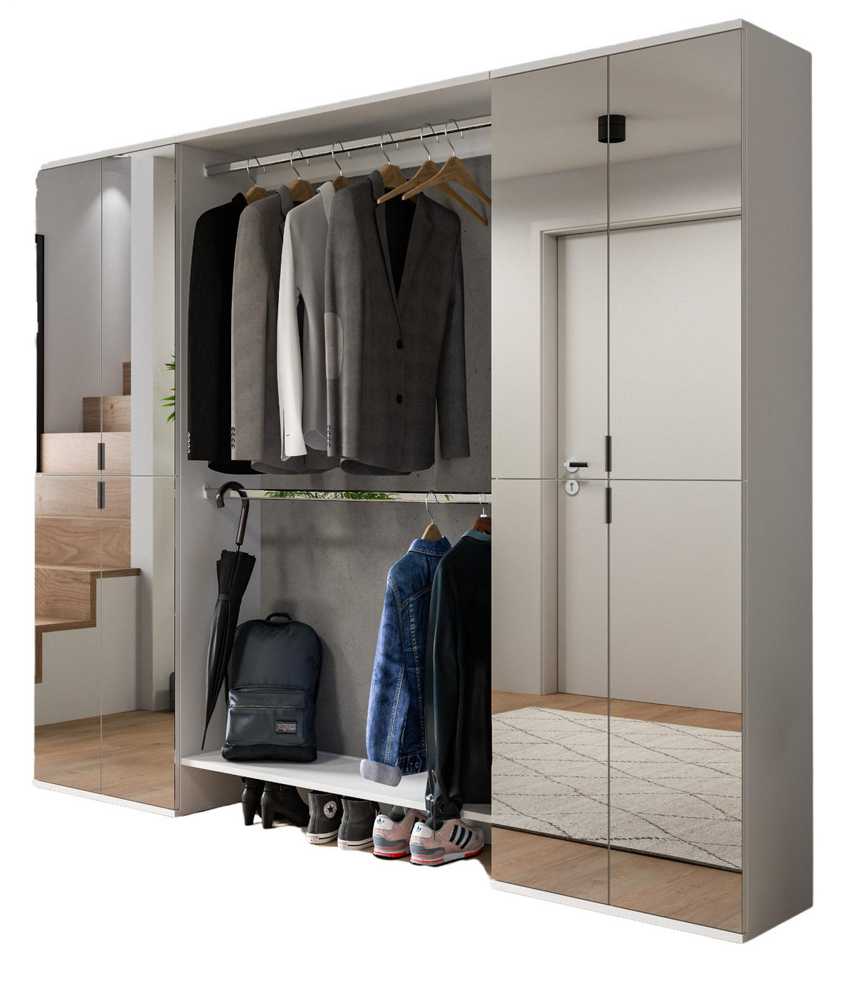 GARDEROBENSCHRANK weiß 232 cm, Flurgarderobe XXL mit Spiegeltüren - Chromfarben/Weiß, Holzwerkstoff/Kunststoff (232/193/34cm) - Inn.Furn