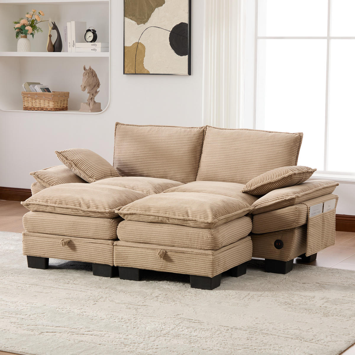 2-SITZER SOFA Cord Khaki mit Hocker, USB-C und Seitentaschen - Hellbraun, Holzwerkstoff/Kunststoff (190/84/132cm) - WISHDOR