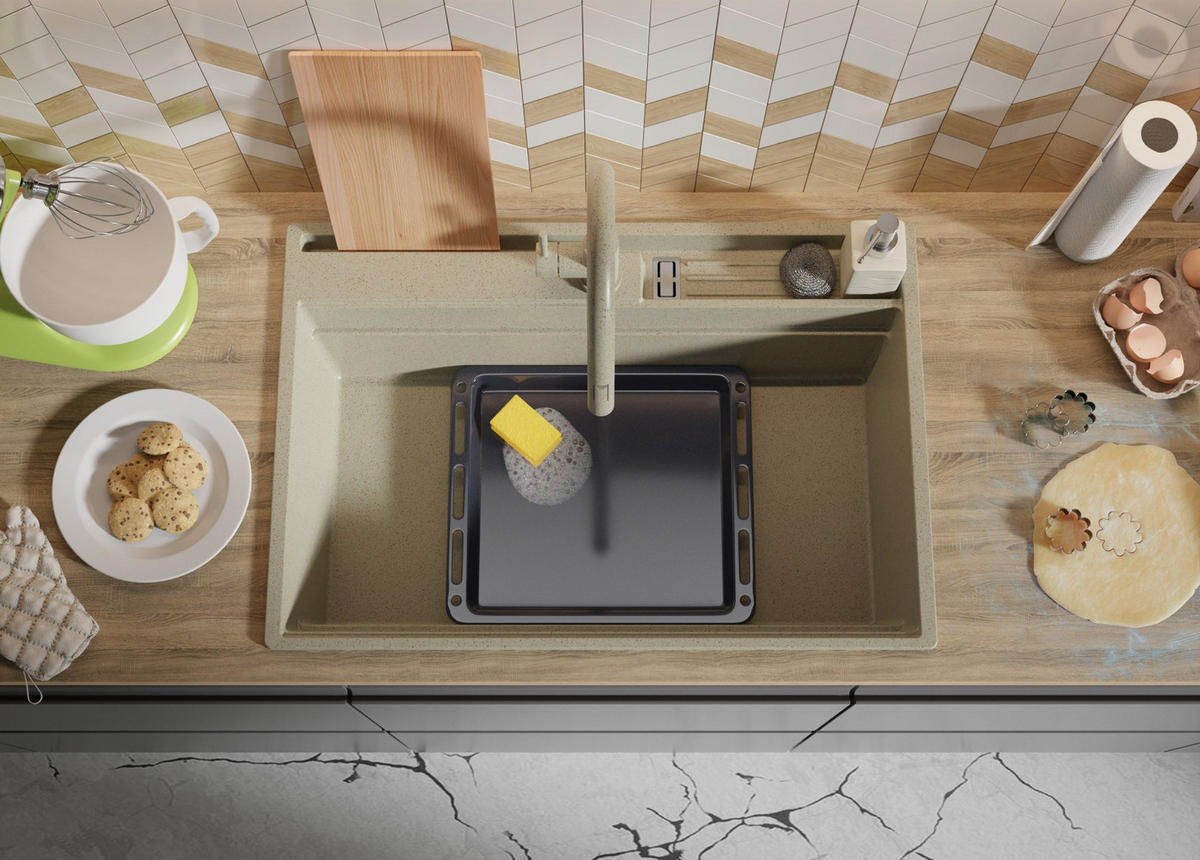 SPÜLBECKEN Oslo Pocket, 2-er set Beige 78/53 cm 1 Becken + Ablauf-Set + Küchenzubehörset ab 80er Unterschrank - Chromfarben/Beige, Kunststoff (78/20/53cm) - Primagran