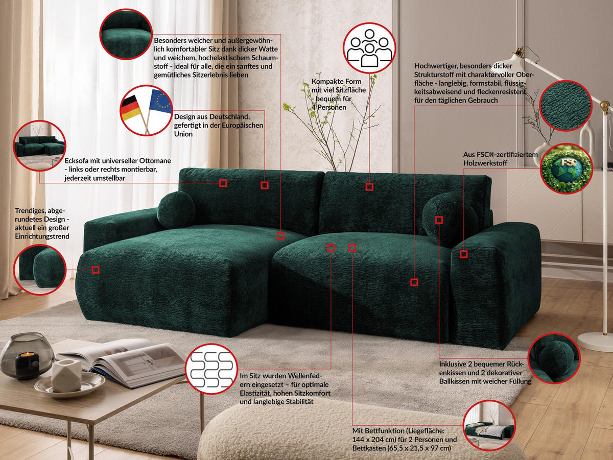 ECKSOFA Puffy mit Schlaffunktion und Bettkasten - besonders weich und puffig aus Grün Stoff mit Chenillestruktur - Ottomane links - Schwarz/Grün, Holz/Kunststoff (138/266cm) - S-Style Möbel