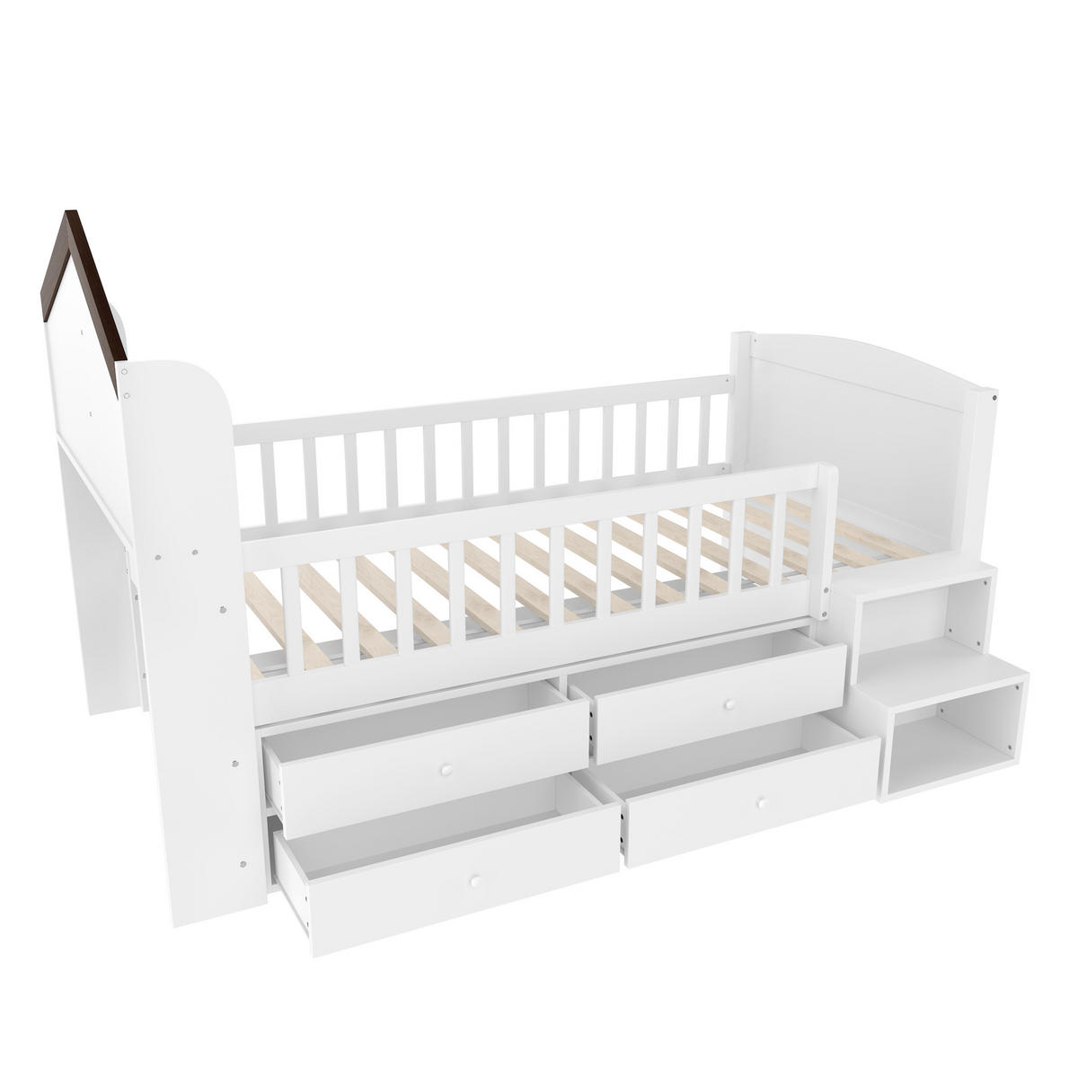 BETT halbhoch 90x200 cm Hausform Weiß mit 4 Schubladen und LED - Weiß, Holz (90/200cm) - Meubliv