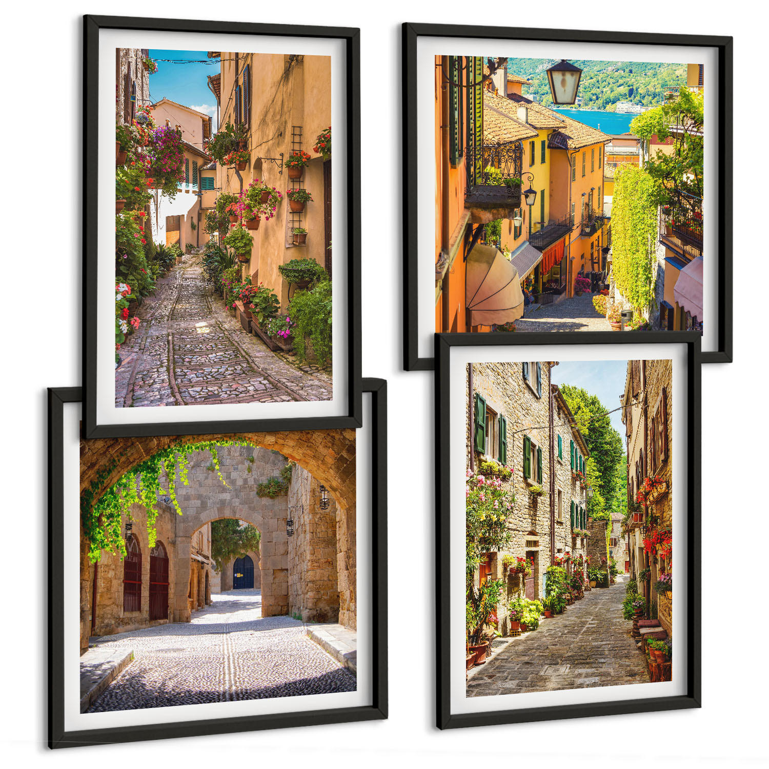 BILDER SET 4er Set - 50x50 cm & 40x60 cm Schwarzer Rahmen - Italienische Straßen, Blumen, Architektur - Schwarz, Kunststoff (50/50cm) - TULUP