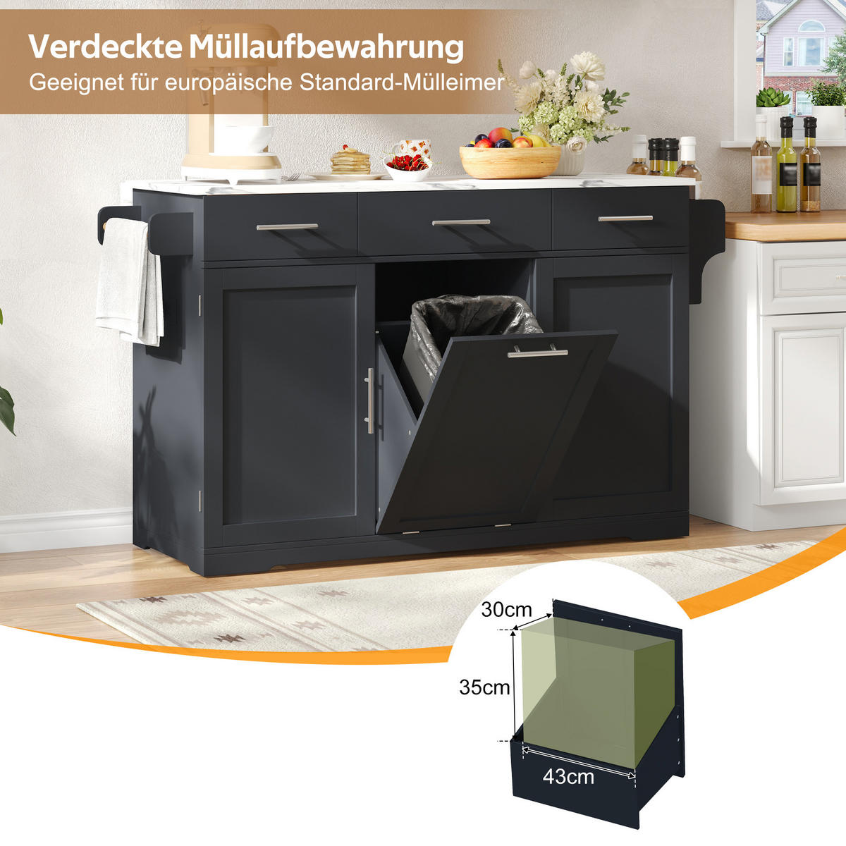 KÜCHENINSEL DE-41372 136/50-75/92 cm, klappbare Arbeitsplatte und Mülleimerschrank Grau - Grau, Holzwerkstoff (136/92/75cm) - ComfortXL