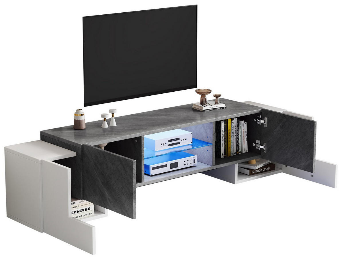 LOWBOARD 180/40/46,5 cm aus MDF mit LED-Lichtleiste und 4 Türen Weiß/Grau - Weiß, Holzwerkstoff (180/46.5/40cm) - Modenvie