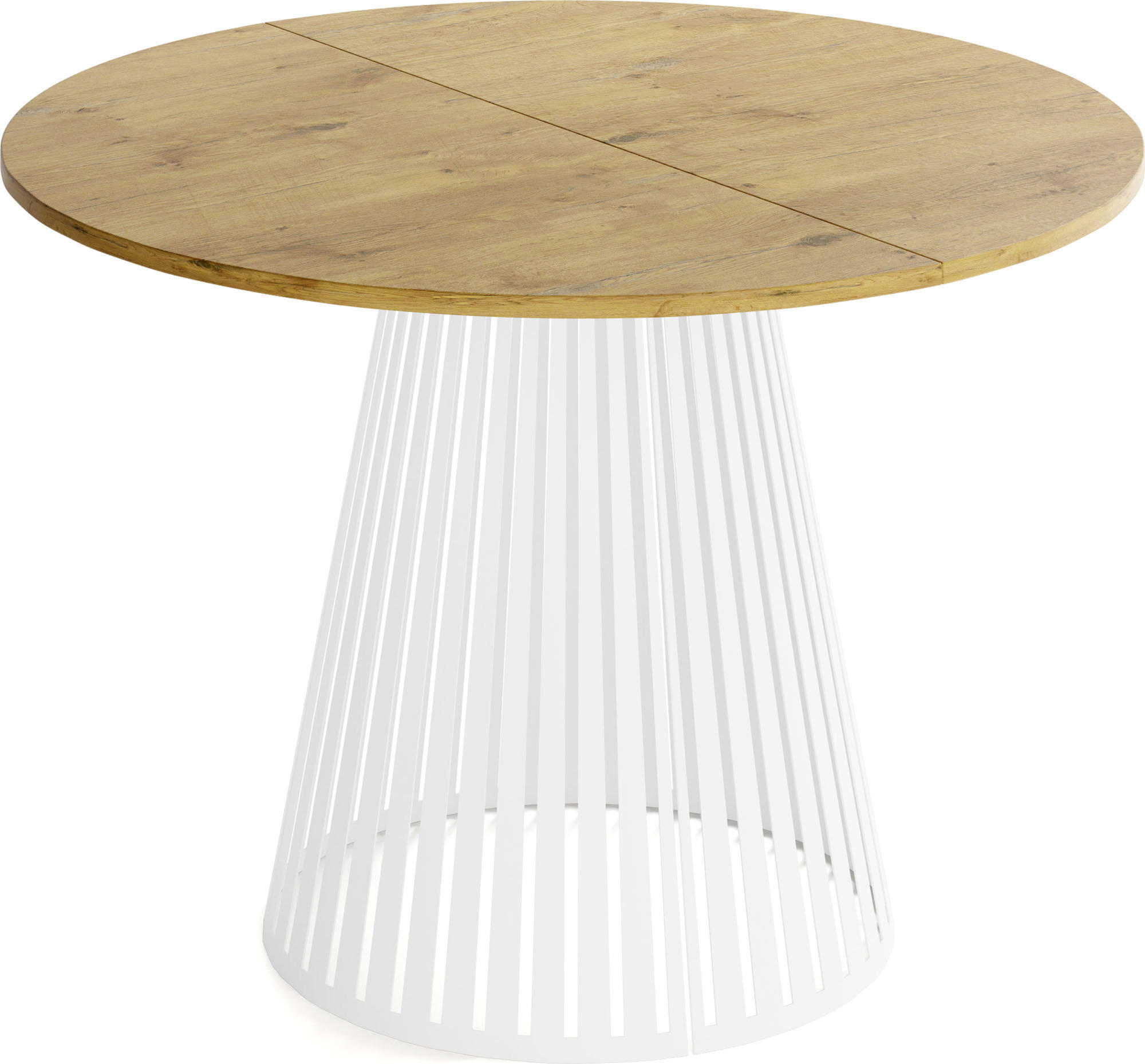 ESSTISCH Naro rund ausziehbar mit Weißem Lamellen-Metallgestell, Braun 120-200/120/76 cm - Eichefarben/Braun, Holzwerkstoff/Metall (120/196/76cm) - WFL GROUP