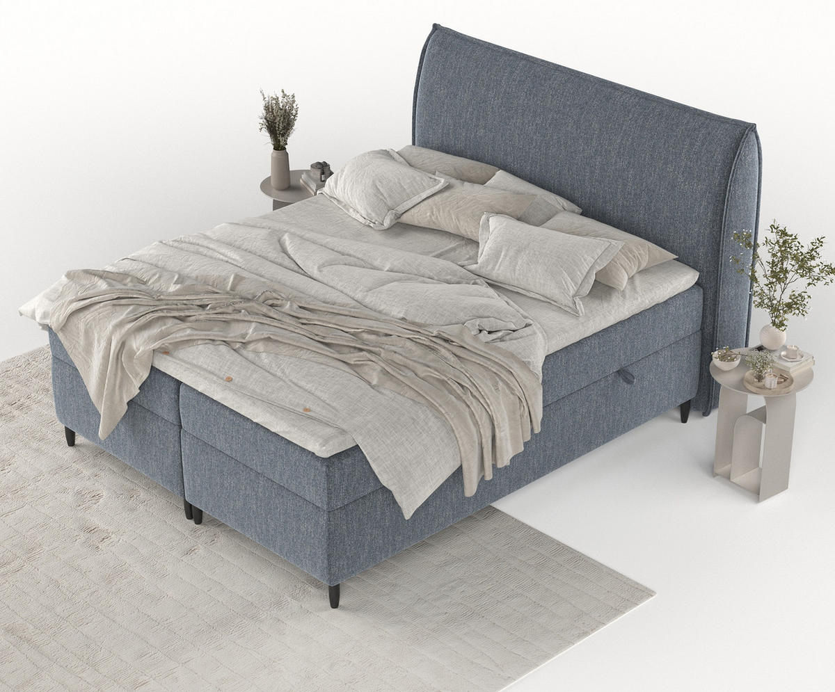 BOXBETT Corvus Blau 160/200 cm mit Bonellmatratze und Topper - Blau/Schwarz, Holz/Holzwerkstoff (160/200cm) - Maison de Reve