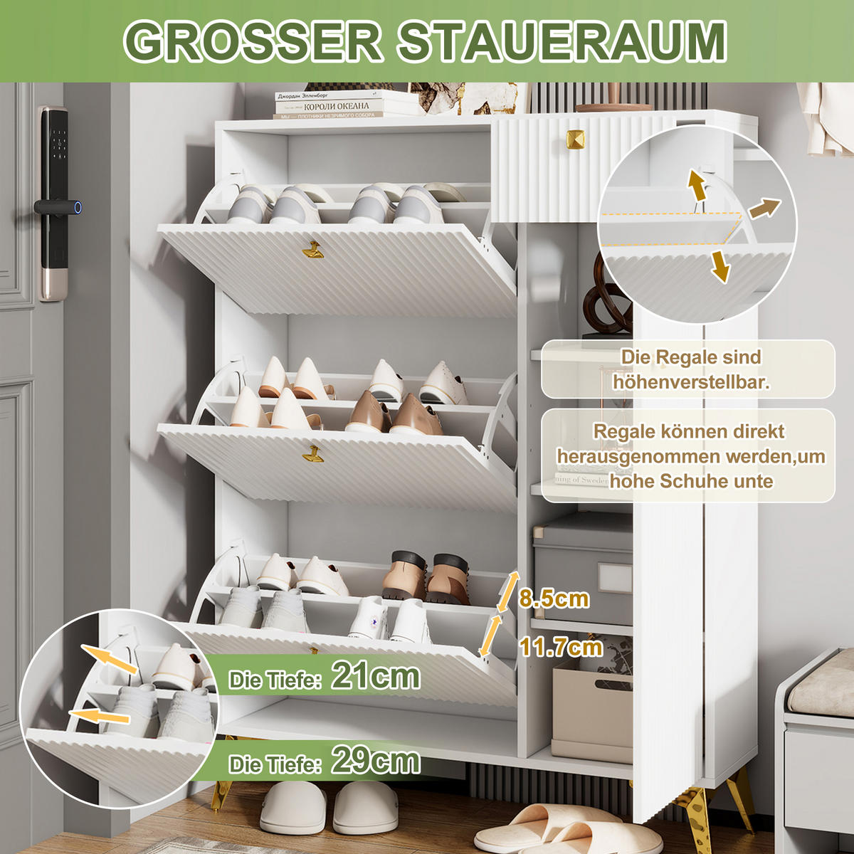 SCHUHSCHRANK mit Wellenfront 3 Klappen 1 Schublade 1 Tür Für Flur Und Eingangsbereich Weiß 121 X 90 X 25 Cm - Goldfarben/Weiß, Holzwerkstoff/Metall (90/121/30cm) - EVRYAE