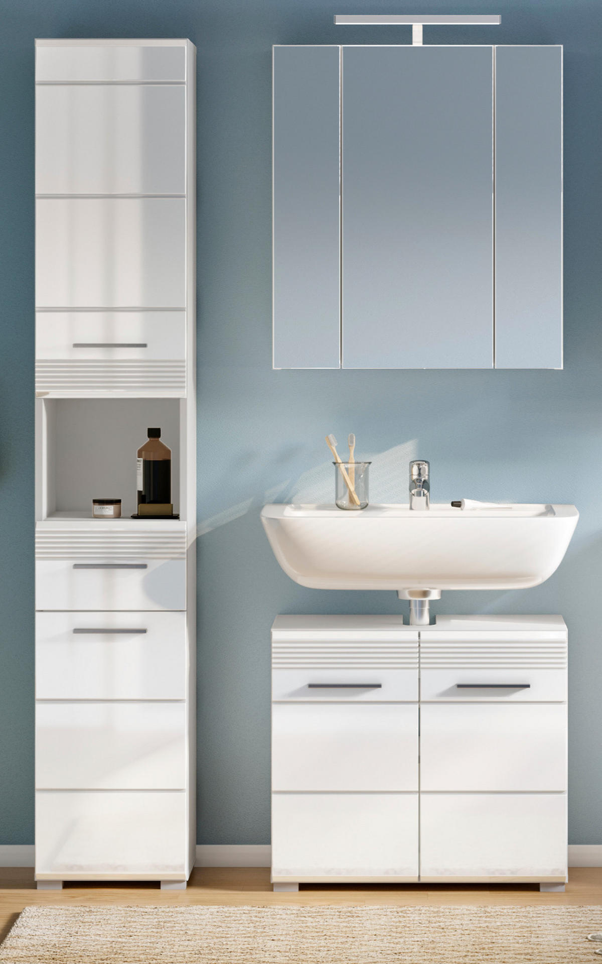 BADMÖBEL-SET weiß Hochglanz, 3-teilig 105 x 182 cm, Badkombination mit Spiegelschrank - Weiß Hochglanz, Glas/Holzwerkstoff (105/182/34cm) - Inn.Furn